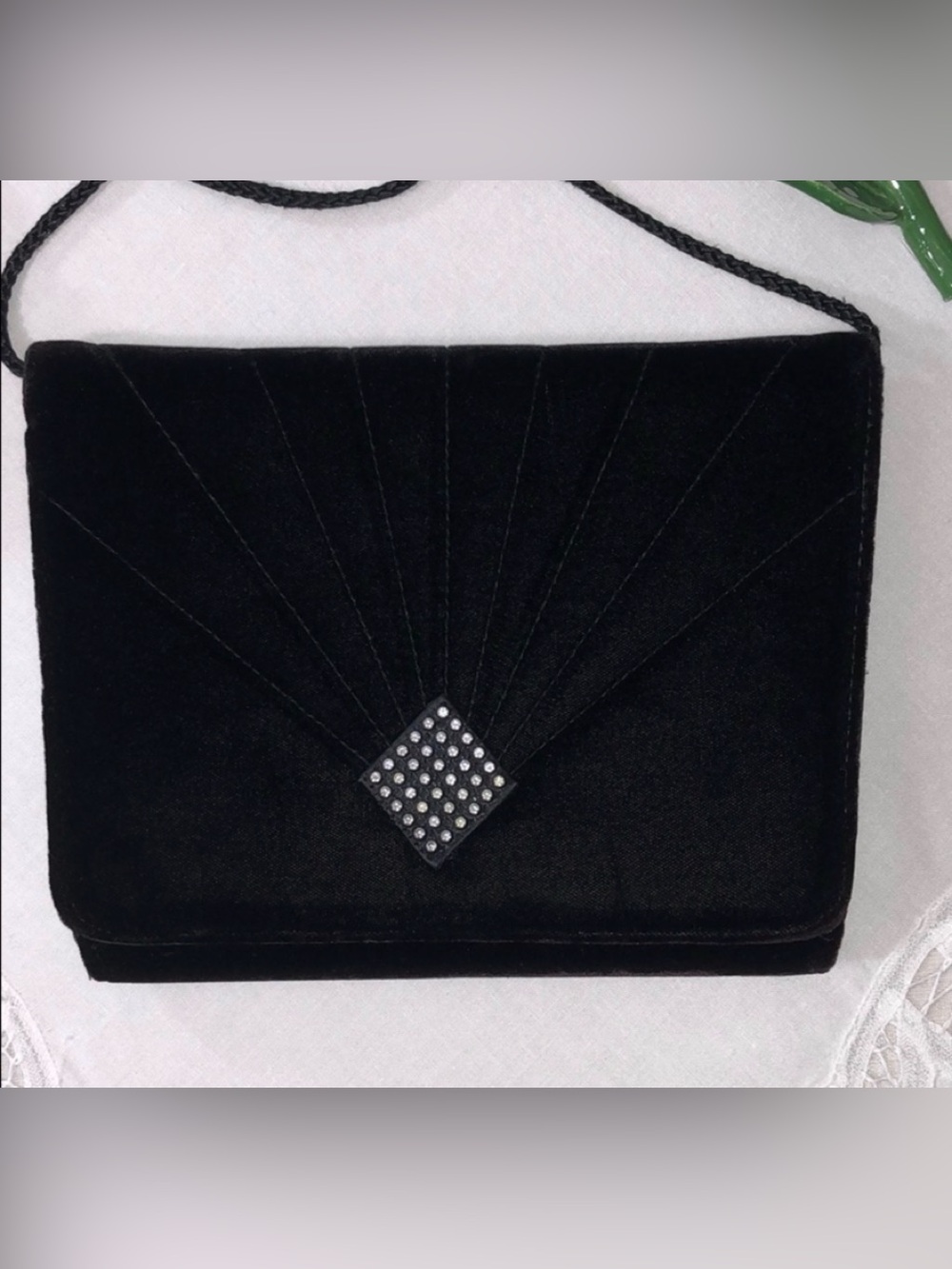 Vintage CAROLYNE BARTON NIGHT Black Velvet & Rhinestone Bag Clutch Purse